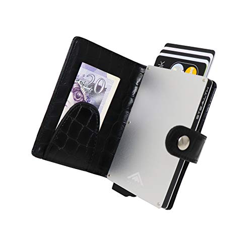 STEALTH WALLET Porta Carte RFID - Portafogli Titolare della Carta Credito Minimalisti (Argento con Pelle di Coccodrillo Nera e Fermasoldi)