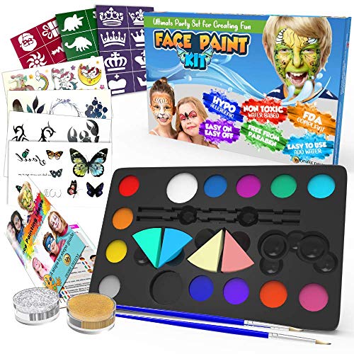 Desire Deluxe Kit Truccabimbi Set Colori per Il Viso Tavolozza con Glitter, Stencil e Tatuaggi per Bambini, Ragazzi e Ragazze Regalo Perfetto per Halloween, Natale, Compleanno e Feste