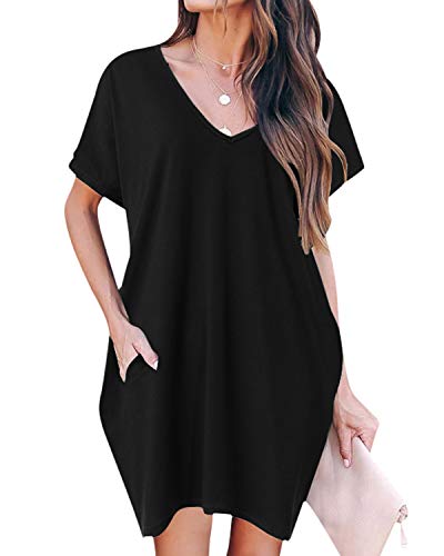 ZANZEA Donna Abito Casual Manica Corta Estate Allentato Vestito Camicette Scollo V Tunica Vestito Cocktail 00-Nero S