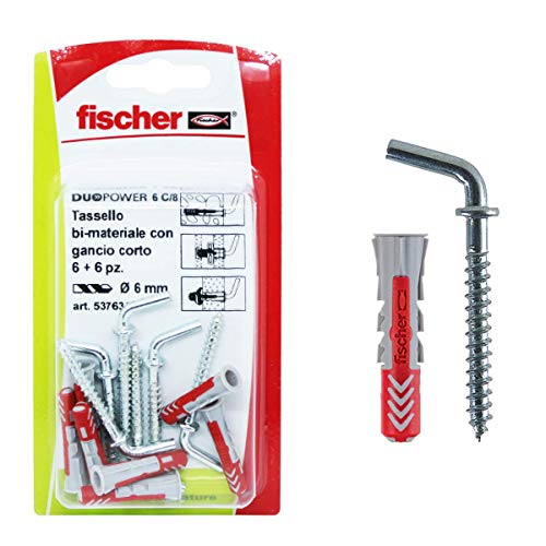 Fischer 537634 Tassello con Gancio Corto Duopower, Grigio/Rosso, 6 x 30 mm, Set di 6 Pezzi