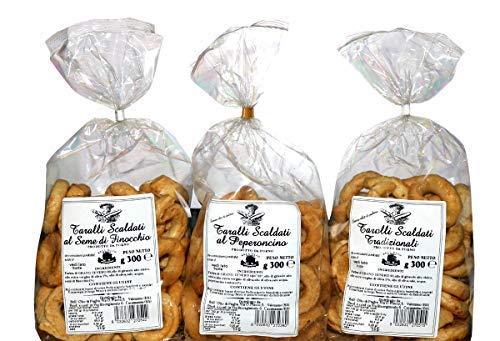 TRIS TARALLI BELL'OLIO di PUGLIA | 3 Taralli Scaldati di Puglia | Prodotto da forno ideale per snack | Vi proponiamo taralli all'olio, al seme di finocchio, al peperoncino | Prodotto artigianale