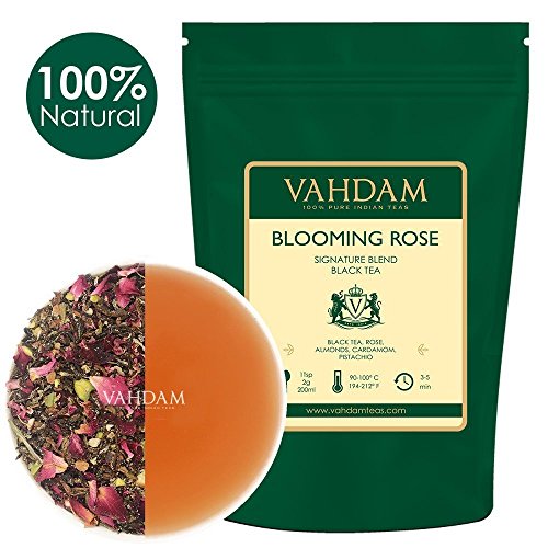 VAHDAM, Fioritura Rose Tè (100 tazze) | Foglie di tè nero naturale al 100%, petali di rosa, mandorla, cardamomo, pistacchio | Foglia sciolta deliziosa e aromatica del tè nero | 100 gm (set di 2)
