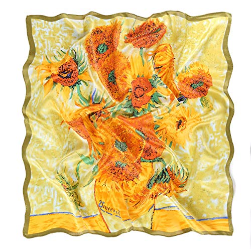prettystern 90cm Scialle di seta da donna Arte Panno Stampa Pittura Van Gogh quattordici girasoli in un vaso P723