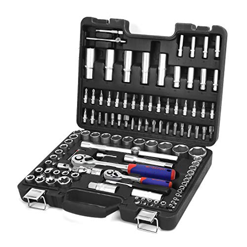 WORKPRO Set di Chiavi a Bussola con Cricchetto 1/4''+ 1/2'', 108 Pezzi in CR-V, Custodia Portatile, Maniglia Girevole, Barra di Prolunga, Kit di Attrezzi Meccanici per Auto