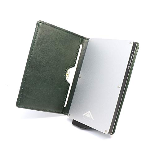 STEALTH WALLET Porta Carte RFID - Portafoglio Pop-up Minimalista - Portafogli Titolare della Carta Credito Leggero e Sottile e Protezione (Alluminio Argento con Pelle Verde)