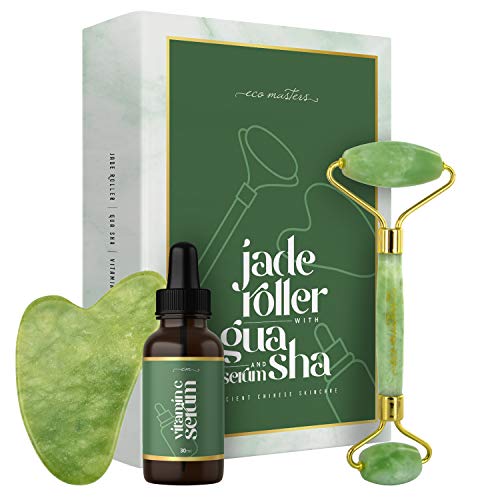 ROLLER VISO + 30 ml SIERO Vitamina C - Jade Roller con Gua Sha - Face Massager - Rullo Viso 100% di Giada - Massaggiatore Anti- Età - Antirughe - Roller For Face - Massaggio Naturale con Rullo