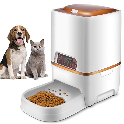 Sailnovo Alimentatore Automatico per Cani e Gatti, Distributore di Cibo Feeder per Animali con Timer con LCD Display et Registra Voce, 6L, d'oro