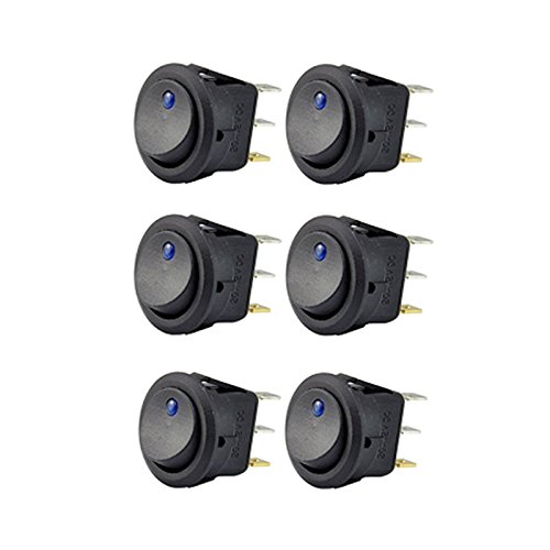 Reusious 6 pc 12V 20A Car Truck Round Rocker Toggle Switch LED Blue Light SPST On-Off Control