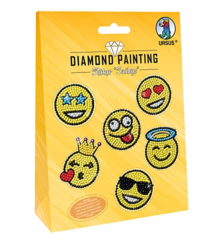 URSUS Diamond Painting Sticker Smileys Scintillanti-2 Fogli di Adesivi 15 x 10 cm-con Diversi Disegni-Strass, Picker, Cera e Ciotola, Multicolore
