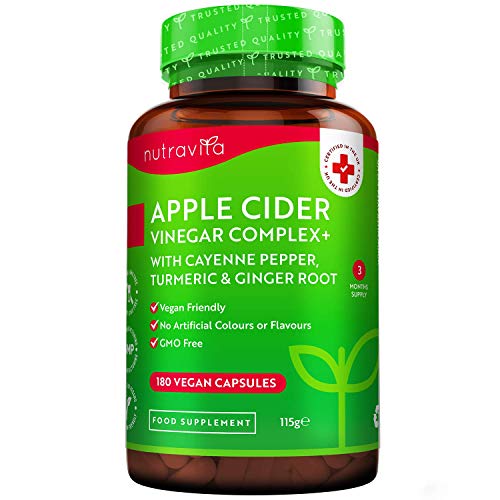 Aceto di Mele Bio - 180 capsule vegane - Aceto di Sidro di Mele - Dosaggio giornaliero 1033 mg - Con di pepe di Caienna, curcuma e radice di zenzero - Prodotto da Nutravita