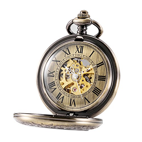 TREEWETO, orologio da taschino unisex con catena, analogico, caricamento a mano, design antico scheletrato, con lente d'ingrandimento, in bronzo