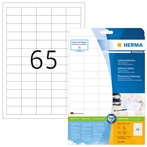 HERMA Etichette per Indirizzi, 38,1 x 21,2 mm, Etichette Adesive A4 per Stampante, 65 Etichette per Foglio, Bianco