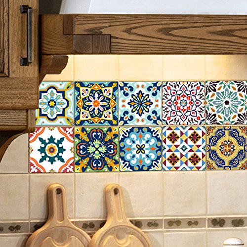 Extsud Adesivi per Piastrelle Stile Mediterraneo Wall Stickers da Mattonelle Parete in PVC Impermeabile Autoadesivo Decorazione per Cucina Bagno Fai da Te Set di 10 Pezzi