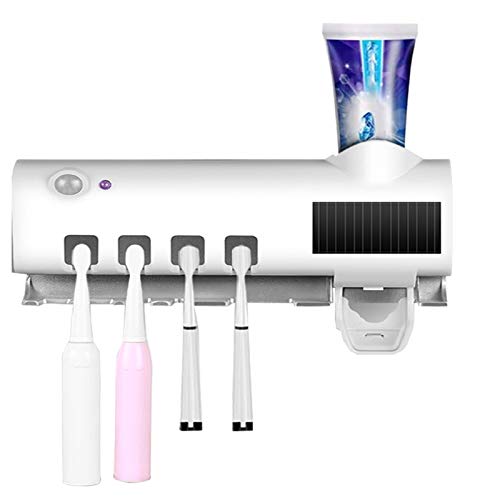 Porta Spazzolino UV Sterilizzatore Disinfezione Portaspazzolino Elettrico per 4 Spazzolini da Denti con Dispenser di Dentifricio, Organizzatore per Spazzolino Ricaricabile a Energia Solare per Bagno