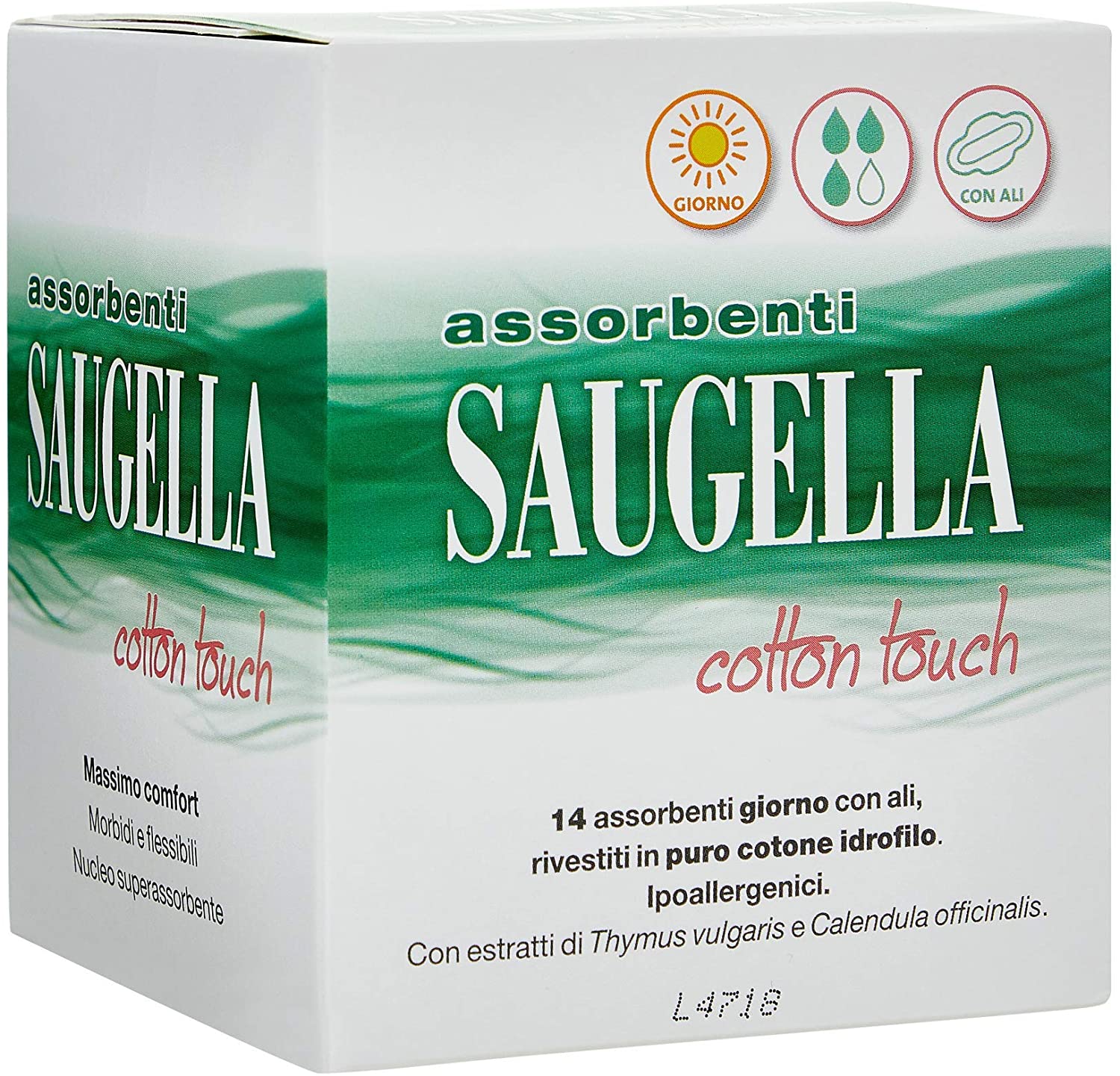 Saugella Cotton Touch assorbenti esterni giorno ad azione antiodore con ali in cotone ipoallergenici 14 pezzi