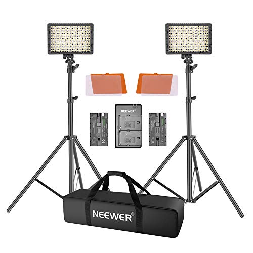 Neewer Kit LED Video Luce con 190cm Supporto, 2-Pacchetto 3200K 5500K Dimmerabile 160 LED Pannello Illuminazione Kit Fotografico con Custodia Grande Caricabatterie per Fotografiia Studio YouTube