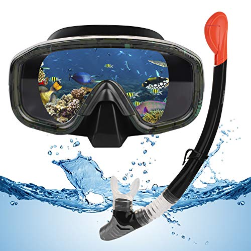 VAVADEN Set Snorkeling, Set per Lo Snorkeling a Secco con Snorkel Pieghevole e Occhiali per Immersioni, Maschera Subacquea Impermeabile Anti-Appannamento Anti-Perdita per Adulti/Bambini (Nero)