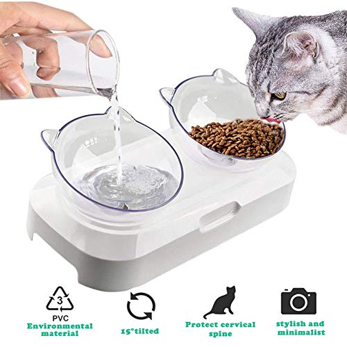 Ciotola per gatti inclinata di 15° per il collo anti-vomito, ciotola antiscivolo per gatti, doppio piatto per gatti e ciotole d'acqua rialzate per cani