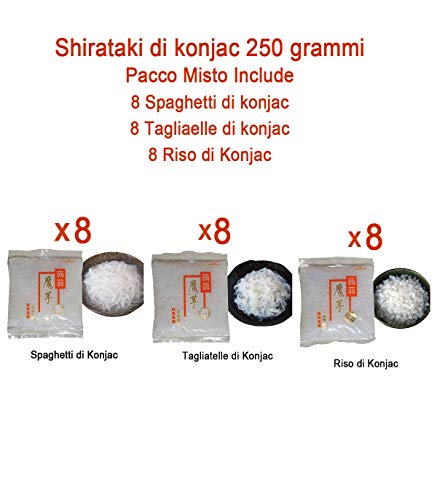 Shirataki di Konjac Pacco Misto da 24 Include 8 Spaghetti di Konjac, 8 Tagliatelle di Konjac, 8 Riso di Konjac