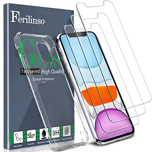 Ferilinso Covers per iPhone 11 per 3 Pezzi Vetro Temperato, Cover Trasparente per iPhone 11, Pellicola in Vetro Temperato, per iPhone 11 6.1 inch