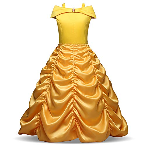 Pretty Princess Bambine Ragazza giallo Belle Principessa Abito Costumi senza maniche Vestito Spilla rubino 3-4 Anni
