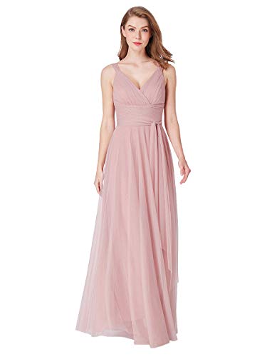 Ever-Pretty Vestito da Damigella Donna Tulle Linea ad A Scollo a V Senza Maniche Lungo Arrossire 40