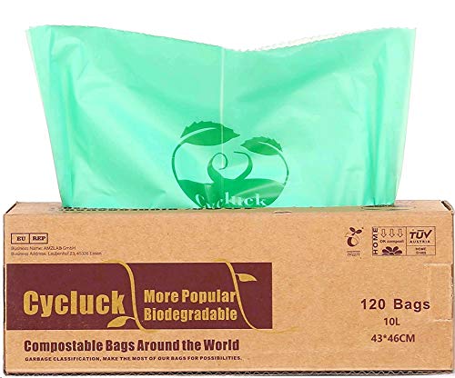CYCLUCK 120 sacchetti 10L Sacchi per la spazzatura compostabili 100% biodegradabili Fatto da amido di mais Con EN 13432 6L 10L 30L Borse Rifiuti Alimentari (10L)