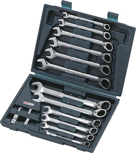 KS Tools 503.4666 Serie di Chiavi a Cricco Combinate Gearplus, Reversibili, 16 Pezzi, 8-19 mm, con Adattatore