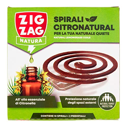 Zig Zag, Spirali Citronatural, Naturali senza insetticida per esterno, durata 8 ore, all'olio essenziale di citronella, confezione da 10 spirali