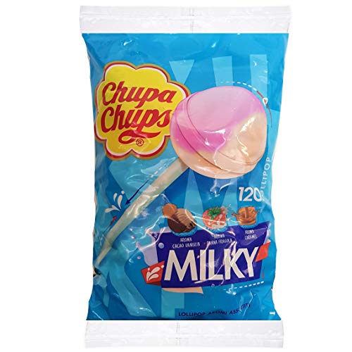 Chupa Chups Lecca Lecca Milky, Lollipop Assortiti Aroma Cacao e Vaniglia, Panna Fragola e Caramel, Busta da 120 Lollipops Monopezzi