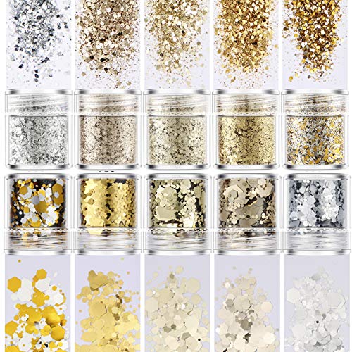 TUT 10 Set Di Polvere Glitter per Unghie, Lustrini 3D Per Manicure, Paillettes Argento Champagne, Trucco, Nail Art