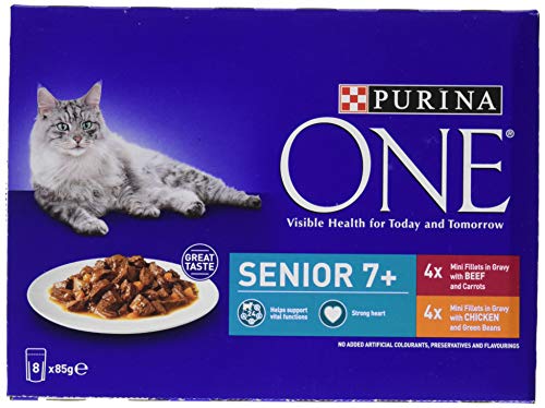 Purina One - Alimento per Gatti, con Pollo e Manzo, Senior 7+, 5 x 8 x 85 g, 40 Buste