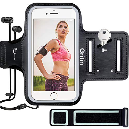 Gritin Fascia da Braccio Portacellulare per Correre, Sweatproof Porta Cellulare Braccio Sportiva per iPhone 11 Pro/XS/X/8/7/6, Galaxy S9/S8/S7, con Slot per Cuffie Banda Riflettente, Fino a 5,8