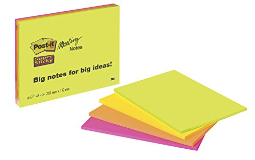 Post-it Super Sticky Meeting Notes - Foglietti adesivi rimovibili e riposizionabili | Dimensioni 203 x 152 mm (formato XL), colori neon assortiti, 4 blocchetti x 45 foglietti