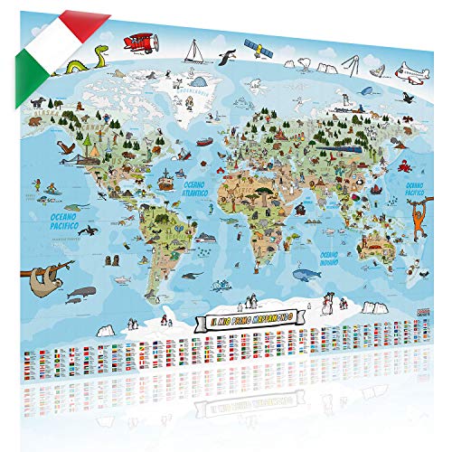 GOODS+GADGETS Mappa panoramica del Mondo per Bambini XXL - 140x100cm Mappa del Mondo per Bambini Completamente Disegnata a Mano e Colorata (Italiano)