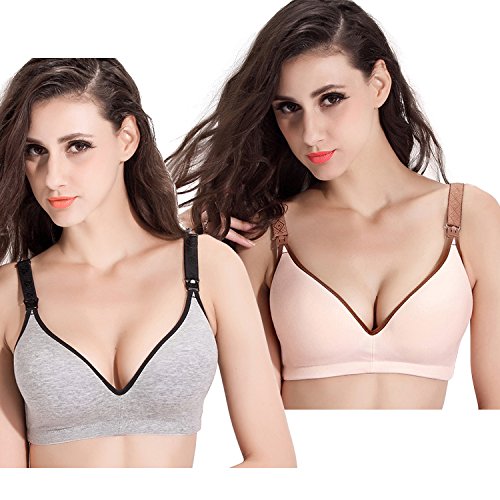 Topwhere® Donna Cotone Reggiseno Allattamento Senza Ferretto (4C (38C), Grigio+Nudo)