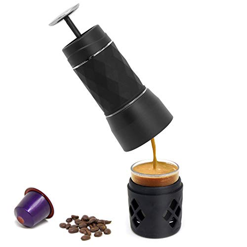 Macchina per caffè espresso portatile | Compatibile con capsule a capsula e caffè macinato Nespresso | Fiaschetta per macchina da caffè manuale da viaggio Mini | Pukkr