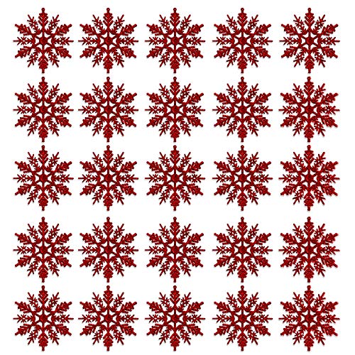 ASANMU 24 Pezzi Fiocchi di Neve Decorativi Natale Decorazione dell'Albero di Natale Fiocchi di Neve Glitter di Plastica Ornamenti per Albero di Natale Party Decorazione per Festa (Rosso, 10CM)