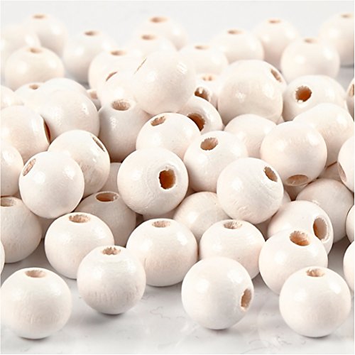 Perline in legno, diametro 8 mm, colore bianco, 15 g circa. 80 pezzi.