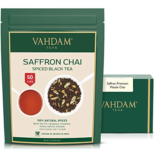 Masala Chai Tè Allo Zafferano Imperiale, 100gr (50 tazze), Miscela di Tè Nero con zafferano di Kashmir originale al 100%, cardamomo, cannella, chiodi di garofano e pepe nero | Brews Chai Latte