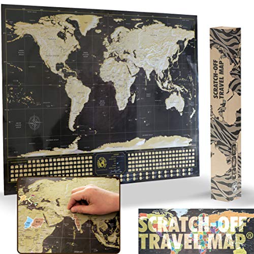 Deluxe Scratch-off World Map Poster – con bandiere dei paesi e il mondo 50 più visitate turistica, Track your Adventures (nero e oro con argento Mountains – 83,8 x 58,4 cm)