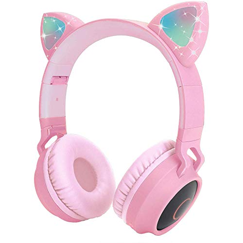 Cuffie Bluetooth con orecchie di gatto con luce LED, slot per schede SD, radio FM, jack audio da 3,5 mm, senza fili e cablate, cuffie pieghevoli per bambini, per ragazzi e ragazze e adulti (rosa)