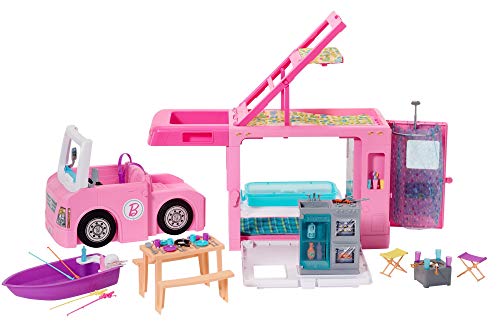 Barbie- Camper dei Sogni 3 in 1, Playset con 3 Veicoli e 50 Accessori Giocattolo per Bambini 3+ Anni, GHL93