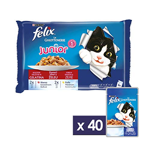 Felix Le Ghiottonerie Gatto Junior con Manzo e con Pollo, 4 x 100 g - Confezione da 10 Pezzi
