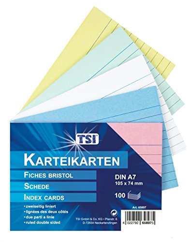 TSI - Cartoncini per appunti DIN A7, 100 pezzi, colori assortiti