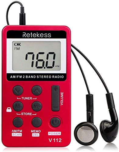 Retekess V112 Mini Radio Portatile AM FM Ricevitore Personale con Ricaricabile Batteria e Cuffie (Rosso)