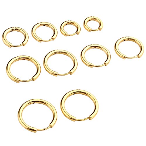 Set di 5 Paia 1.0mm Orecchini Unisex in Acciaio Inossidabile, Anelli per Orecchio, Piercing a Cerchio Diametro 8/10/12/14/16mm-Oro