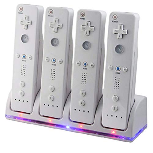 SANON Dock Station per Doppio Caricatore Remoto Wii, per Controller Nintendo Wii Dock di Ricarica Controller 4 in 1 con 4 Batterie Ricaricabili E Indicatori a Led - Bianco
