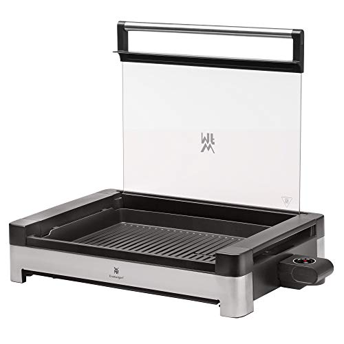 WMF Lono - Barbecue da tavolo elettrico con coperchio in vetro, piastra rivestita, vassoio di raccolta rimovibile, lavabile in lavastoviglie, in acciaio inox opaco, 2200 Watt