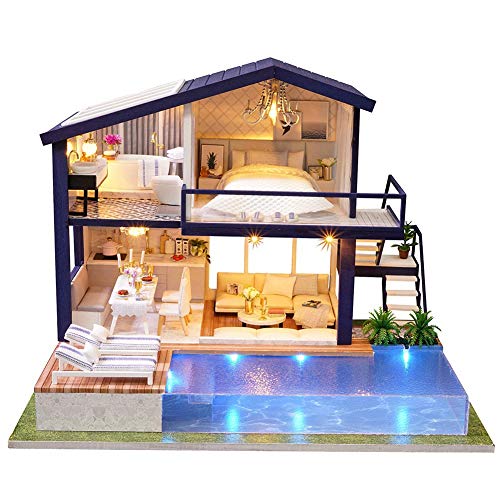 Lazmin112 Casa delle Bambole Miniatura Fai da Te Artigianato 3D Kit casa delle Bambole in Legno con mobili LED Light House Room Modello Doll Play Set Kids Grils Boys Toy(Senza parapolvere)